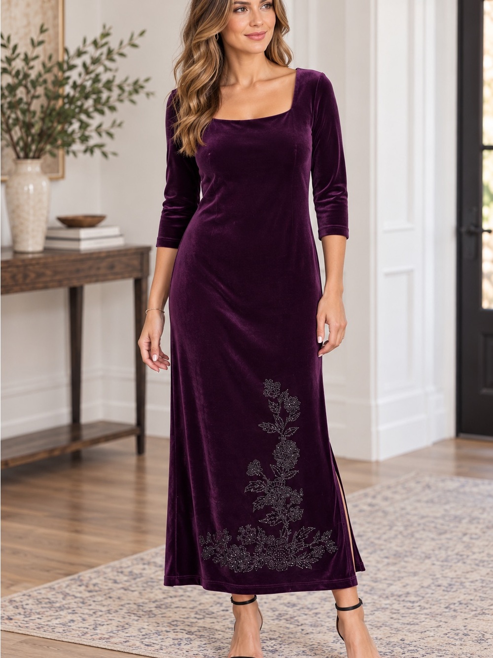 Square-Neck Velvet Maxi Dress in Plum with Floral Embroidery